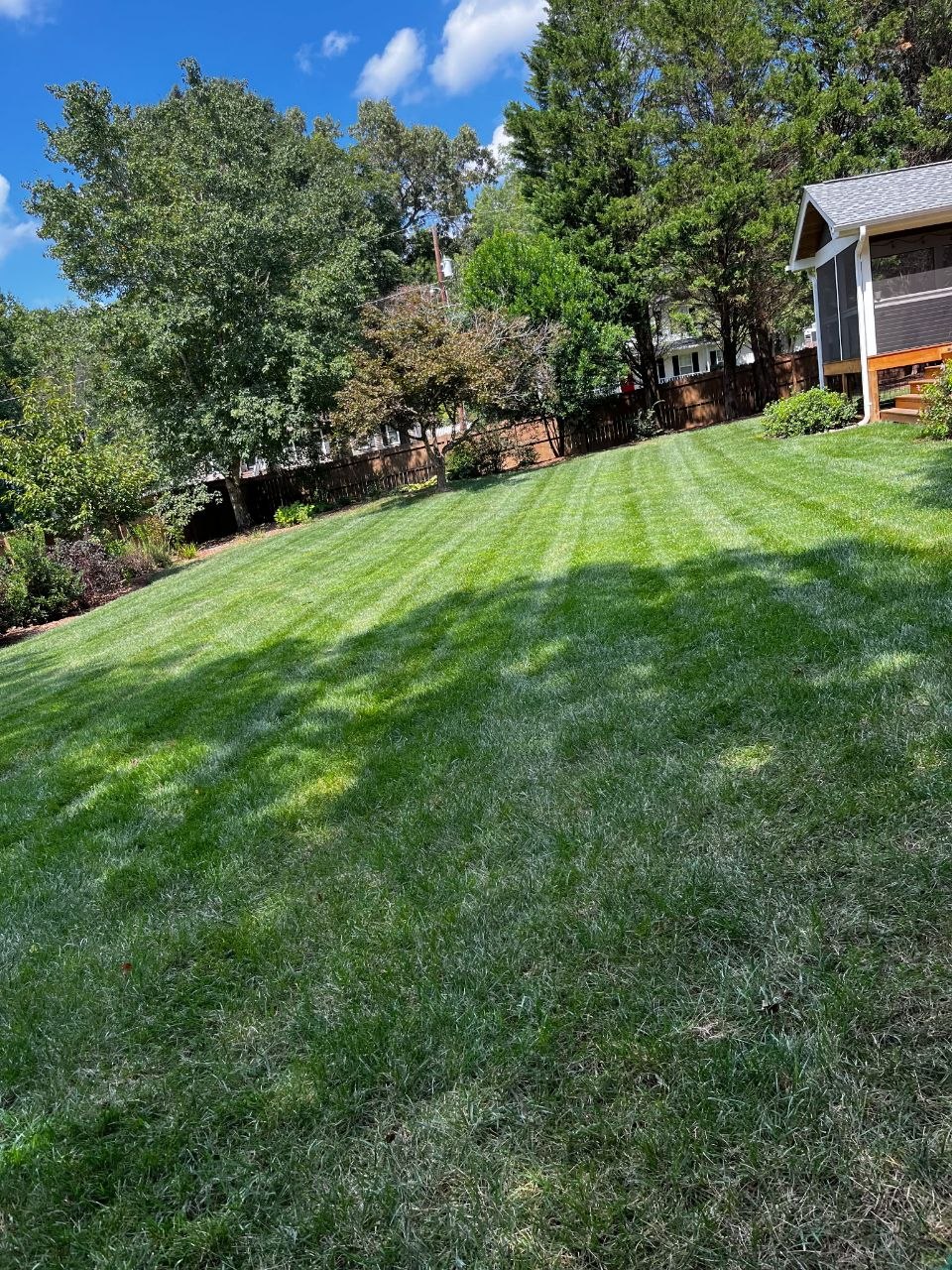 Lush green lawn with fresh mulch beds and mature trees — Redwood Landscaping Greenville SC